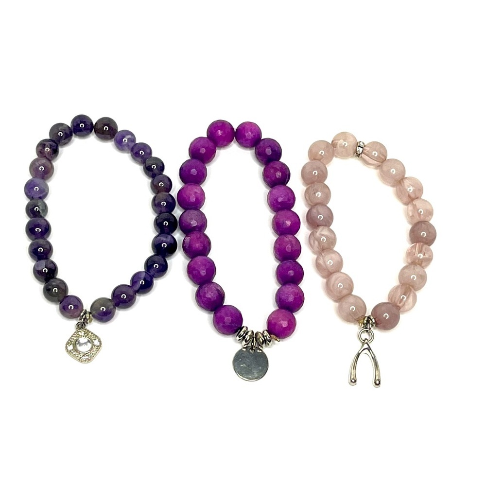 Set of Three Elastic Amethyst Bracelets with Charms Elegant & Spiritual Jewelry